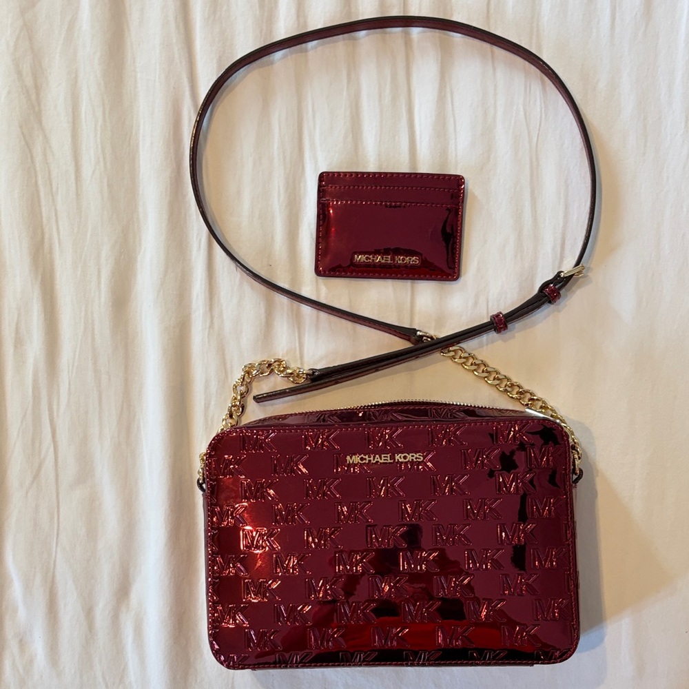 Michael Kors Glossy Red Card Holder & Purse is Metallic Deep Maroon